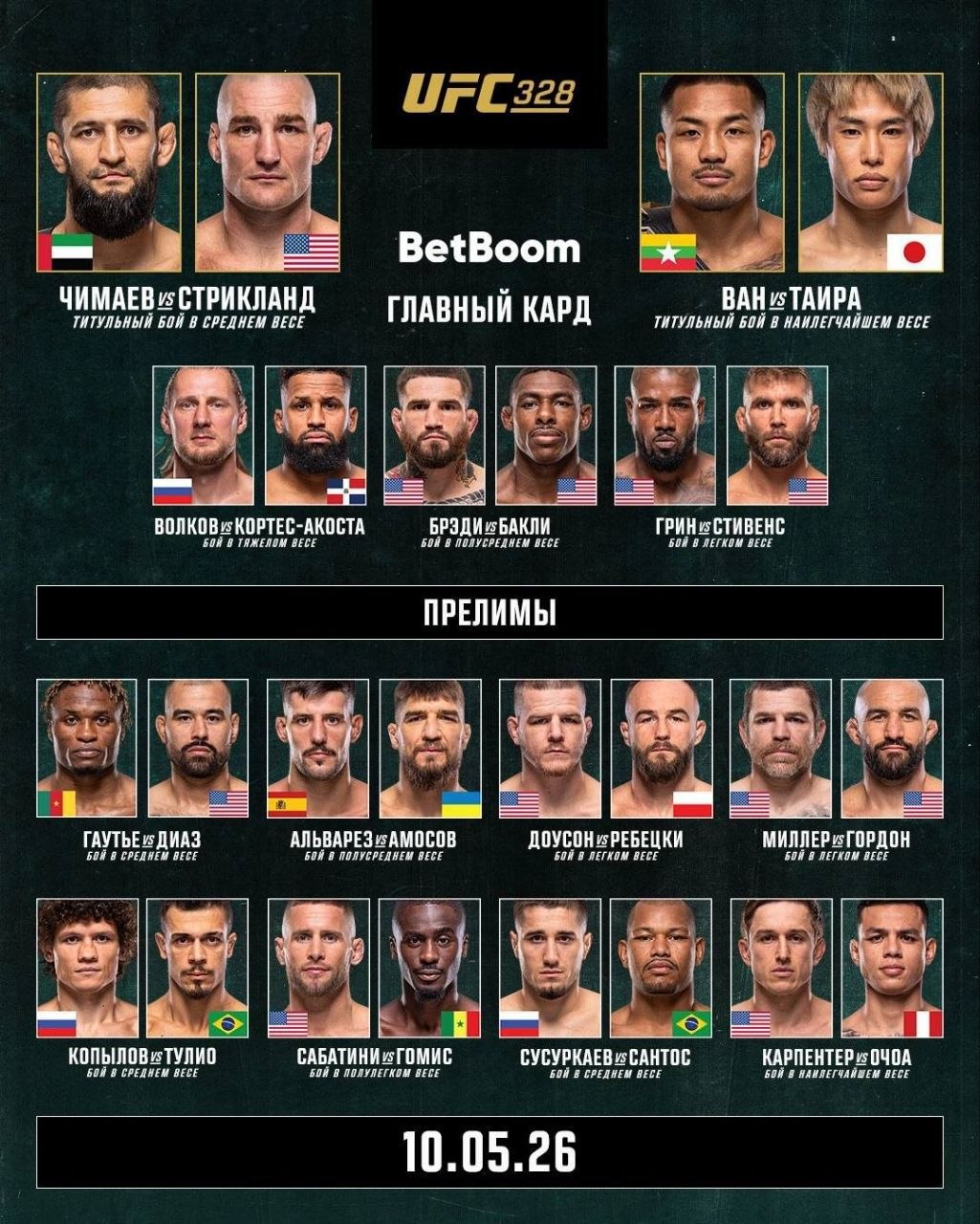 кард UFC 328: Чимаев vs Стрикленд смотреть онлайн прямой эфир