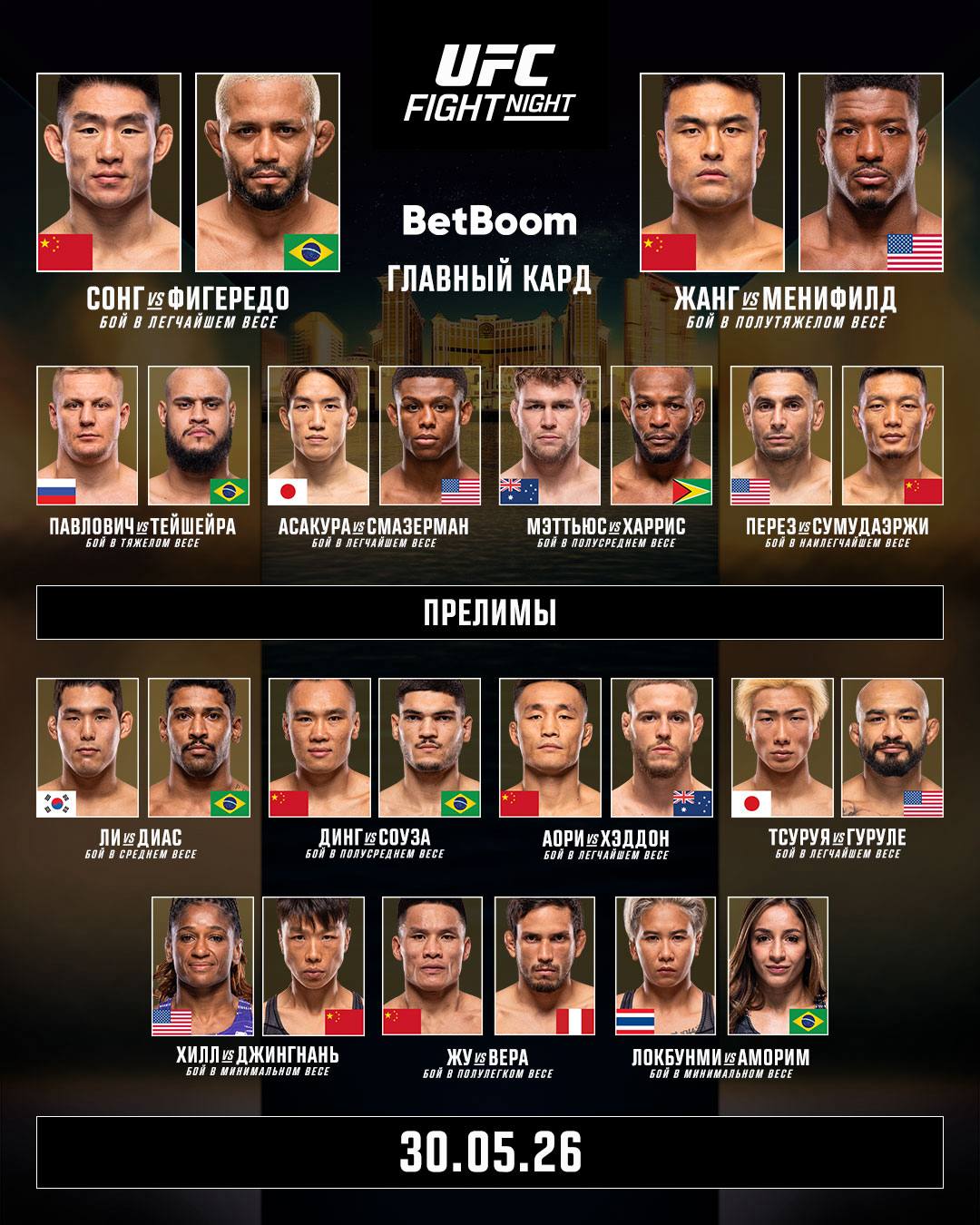 Кард UFC Fight Night 277 (ЮФС Макао) смотреть онлайн прямой эфир