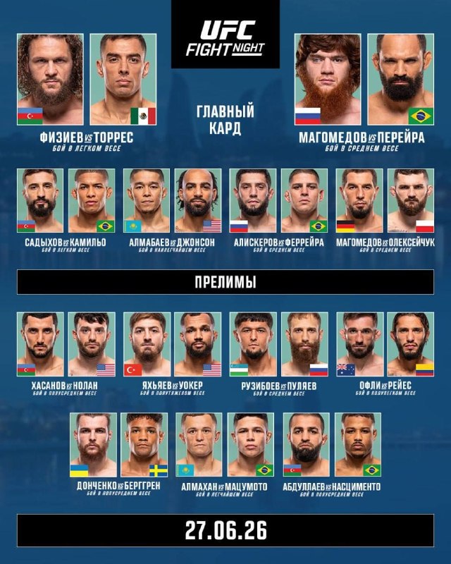 Смотреть UFC Fight Night 280: Физиев &mdash; Торрес прямой эфир 27 июня