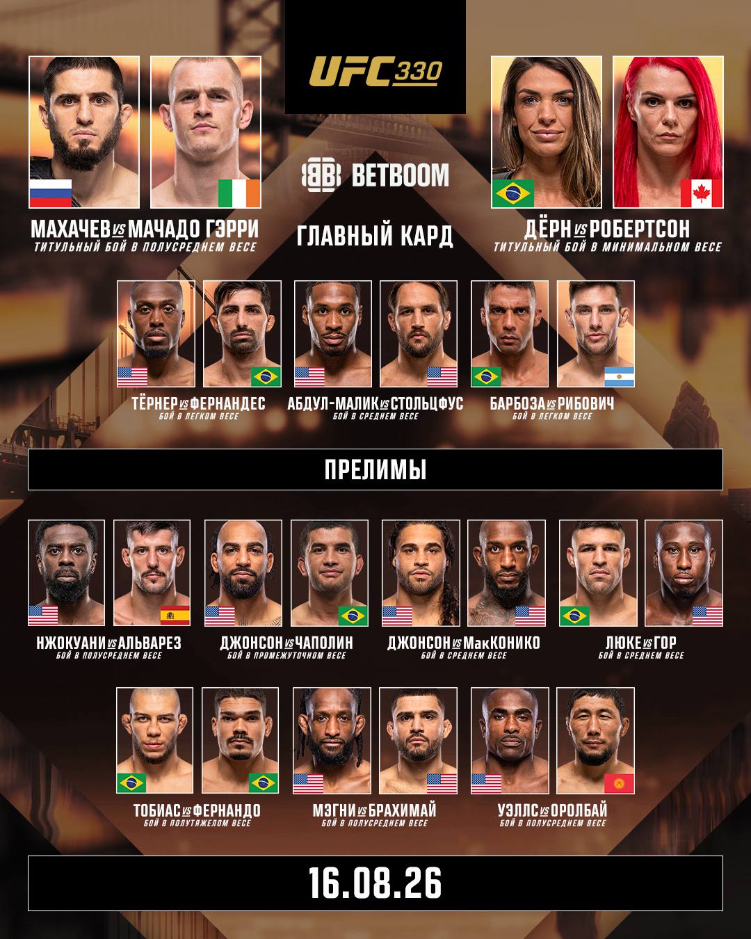 кард UFC 330: Махачев - Иэн Гэрри смотреть онлайн прямой эфир